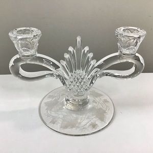 1950s HEISEY Crystal Glass Candlestick Holder Etched Plantation Pattern Vintage